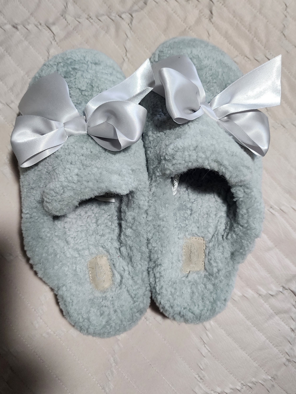 UGG Women's Light Blue Faux-Sherpa Slippers with Satin Bow